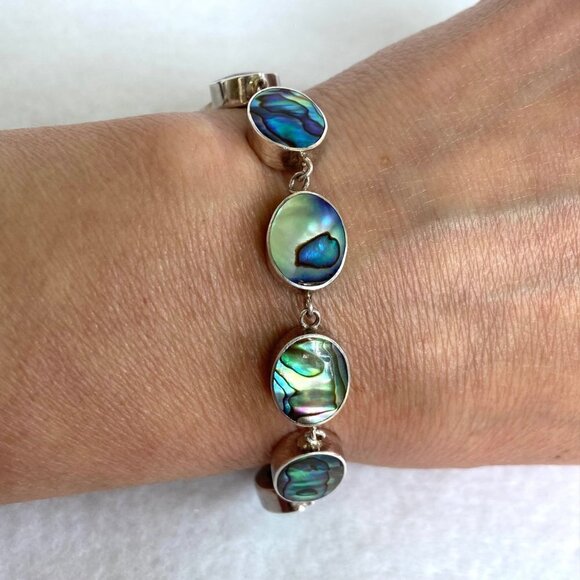 Sterling Silver 925 Oval Bezel Set Abalone Link Cable Chain Bracelet 6.5"- 7.75" - Picture 3 of 16